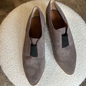 Brand new grey suede pointed toe loafers with 1” heel